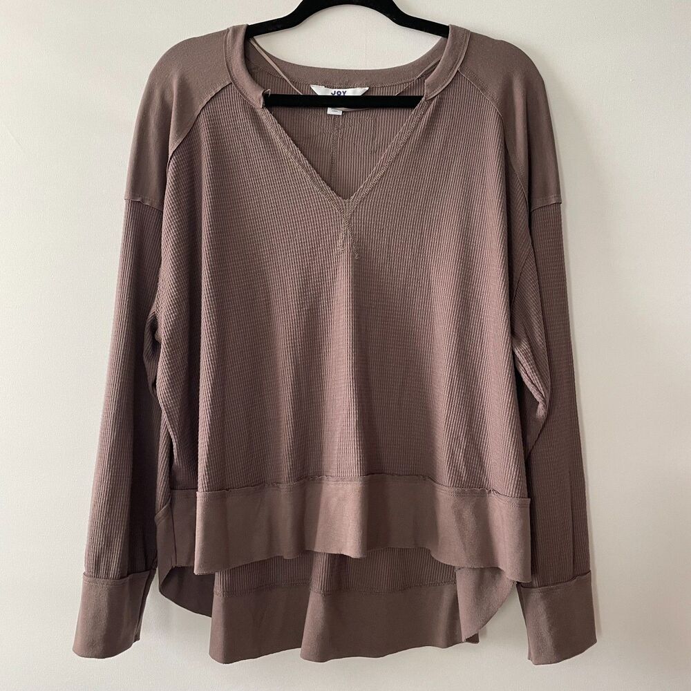 JoyLab Women’s Large Brown Ribbed V-Neck Long Sleeve High Low Pullover Top